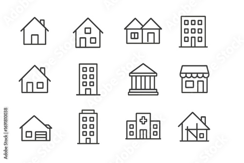 House and building line icon set for real estate. Vector symbols of home, apartment, office, hospital, shop, bank. Construction and architecture icons with editable stroke.