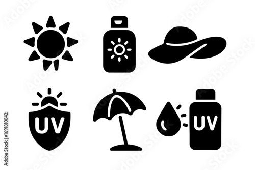 Sun protection icon set. Summer vacation safety. UV shield symbol. Sunscreen lotion, sunblock cream. Beach umbrella, sun hat. Skin care concept. Solar exposure vector glyphs.