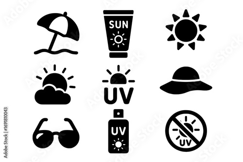 Sun protection icon set. Summer beach safety solid glyph symbols. Sunscreen cream, UV radiation sign, sun hat, sunglasses, beach umbrella. Skincare vector pictogram.