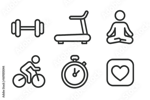 Fitness icons set. Minimalist line art for gym, workout, health app. Dumbbell, treadmill, yoga, cycling, stopwatch, heart symbol. Vector sport & healthy lifestyle pictogram.