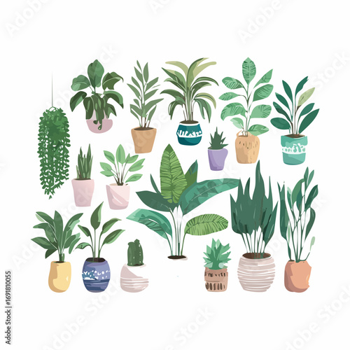 Indoor Potted Plant Vector Set — Decorative Green Houseplants in Modern Ceramic Pots for Home Décor Design