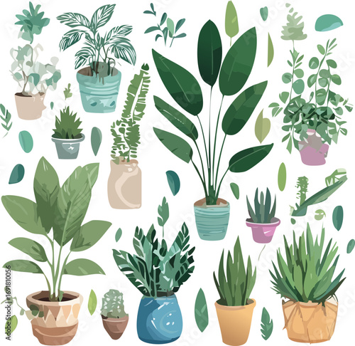 Indoor Potted Plant Vector Set — Decorative Green Houseplants in Modern Ceramic Pots for Home Décor Design