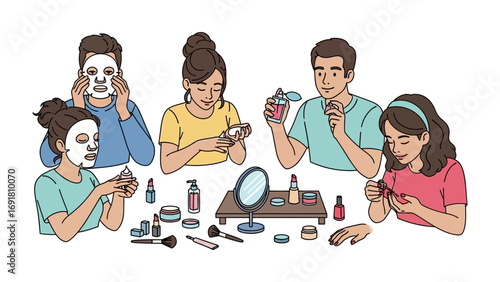 Diverse group of people applying various skincare products like face masks and creams engaging in self care routines and beauty rituals at home