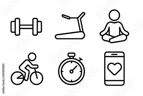 Fitness line icons set. Gym workout, dumbbell, treadmill, yoga, cycling. Health app interface elements. Healthy lifestyle symbols. Stopwatch, heart rate. Sport vector pictogram.