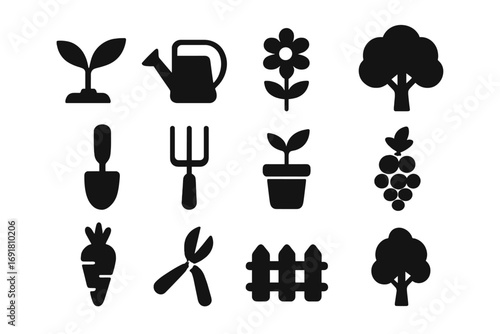 Gardening icon set vector silhouette. Minimalist garden tools plants and trees illustration. Agriculture farming concept. Eco friendly organic food symbol collection graphic.