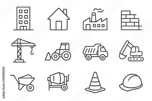 Construction line icons set. Building industry and heavy machinery outline pictograms. Vector symbols collection of house, factory, crane, excavator, truck, hard hat. Editable stroke.