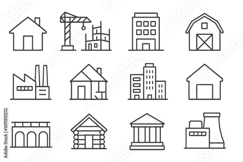 Building and construction line icon set. Real estate and architecture symbols. Home, office, factory, barn, and bank pictogram collection. Vector outline icons for web design.