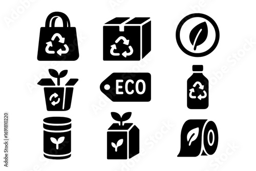 Sustainable packaging silhouette icons set with eco labels, recyclable symbols, environmental protection concepts, plant growth, reusable bags and containers, green lifestyle illustration