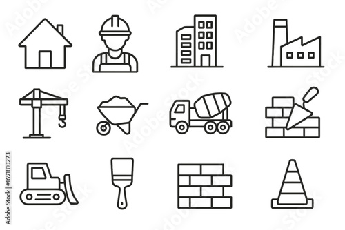 Construction line icon set. Building industry and architecture symbols. House, worker, crane, truck, factory vector icons. Minimalist outline pictograms for web design.