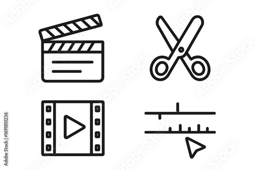 Video editing icon set. Minimalist linear icons for movie production. Clapperboard, scissors cut, film strip, and timeline pictogram for post-production and filmmaking.