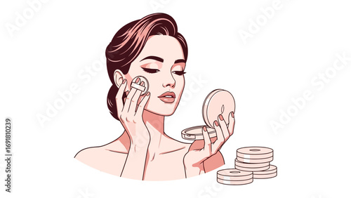 Elegant woman applying makeup with a compact mirror and powder puffs showcasing beauty routine and self care in a vintage illustration style