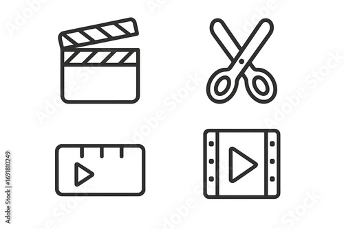 Video editing icon set in a minimalist linear style. Vector graphics of clapperboard, scissors for cutting, play button, and film strip. For post-production, movie making.