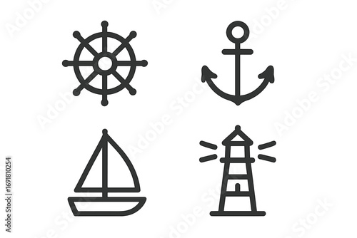 Minimalist nautical icons set with boat, anchor, lighthouse, and steering wheel. Simple marine symbols collection for navigation, sea travel, sailing, and coastal themes. Vector design.