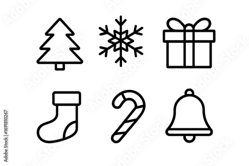 Christmas holiday minimal line icon set. Simple winter graphic elements. Xmas tree, snowflake, gift box, stocking, candy cane, bell symbols. Vector design collection for web.