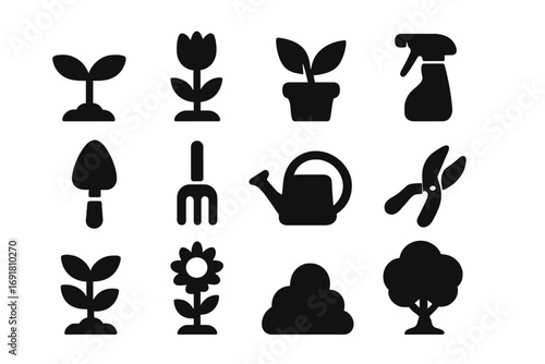 Gardening icon set with minimalist plant and tool silhouettes. Vector collection of garden elements like flower, tree, seedling, trowel, watering can, pruners, and farm equipment.