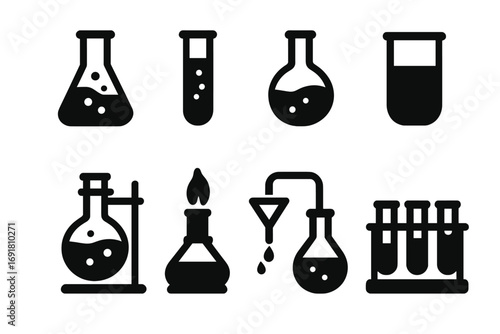 Scientific equipment icons, chemistry lab tools in minimalist black silhouette style, vector cartoon illustration with transparent background, ordered set of laboratory glassware and instruments