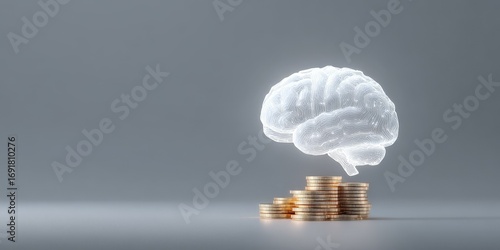Artificial Intelligence in the Digital Economy, A brain illustration made of light above a stack of coins symbolizes financial intelligence.