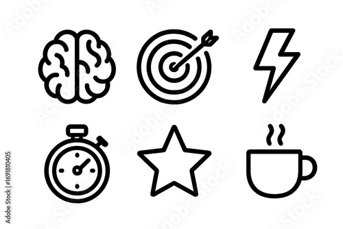 Productivity icon set for business success. Brainstorming, goal setting, energy boost, time management, quality and coffee break. Vector line art illustration concept.