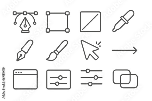 Graphic design tools and UI/UX interface line icon set. Vector collection of minimalist outline icons for web and app. Pen tool, brush, cursor, settings, layers, eyedropper.