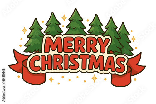 Merry Christmas lettering on red ribbon banner with cartoon pine trees. Festive holiday vector illustration. Winter forest background with sparkles for greeting card design.