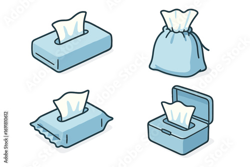 Pocket tissue pack icon set. Isometric vector illustration of travel tissue pouch, slim pack, and flip-top case. Hygiene concept with paper napkins for cold and flu.
