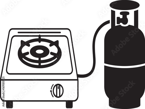 Black and White Illustration of a Gas Stove Connected to a Gas Cylinder portable stove camping stove