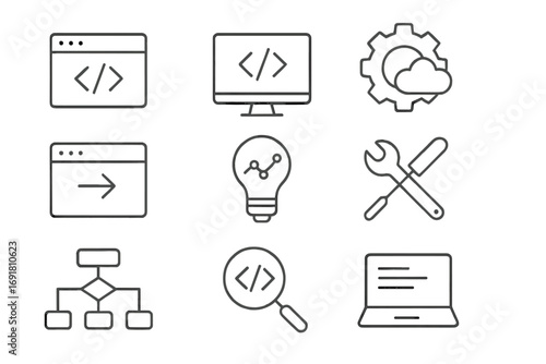Programming and software development line icon set. Coding, web technology, and app creation symbols. Vector pictogram collection for UI UX design, cloud computing, algorithm.