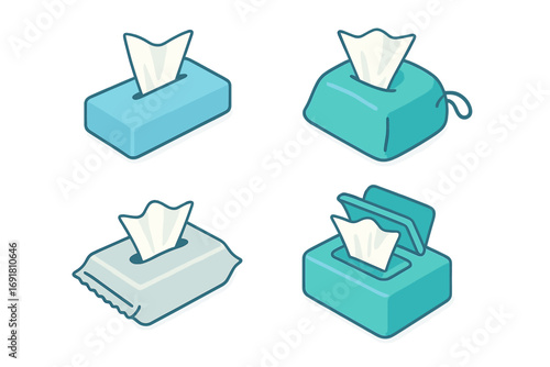 Pocket tissue and wet wipe icon set. Isometric vector illustration of various hygiene product packages like travel pouch, foil pack, and flip-top case. Personal care concept.