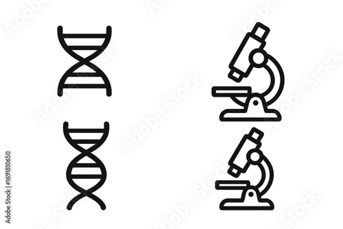 Minimalist science icons featuring DNA strands and microscopes, simple vector cartoon illustration set with transparent background, modern lab research symbols, clean design