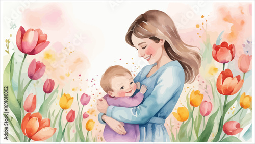 Tender mother holding baby amidst blooming tulips gentle watercolor art