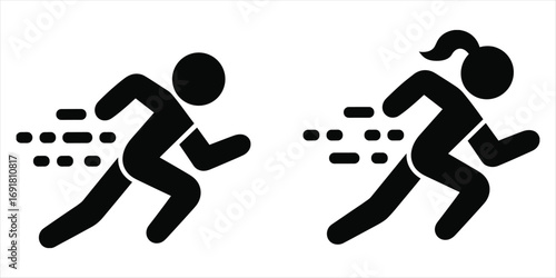 Black silhouette icons of a male and female runner in motion on a white background running woman