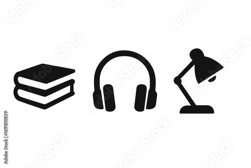 Reading and study icon set. Minimalist vector silhouettes of books, headphones, and a desk lamp. Concept for education, audiobook, library, learning, and knowledge. Modern graphic design elements.