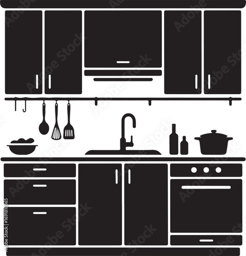 Black Silhouette Of A Kitchen With Oven, Sink, And Utensils white cabinets