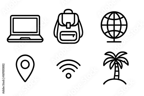 Digital nomad travel icon set. Remote work and freelance lifestyle concept. Vector line icons of laptop, backpack, globe, location pin, wifi, and palm tree for vacation.
