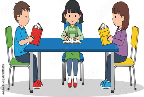 Children studying together, classroom activity, reading books, writing notes, school learning, education concept, teamwork, kids table, colorful chairs, vector illustration, academic scene, student 