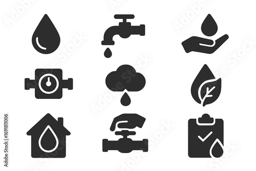 Water conservation icons set, plumbing and eco-friendly water saving symbols, black filled vector illustrations, droplet, tap, hand with water, leaf, home water meter, cloud rain, environment care