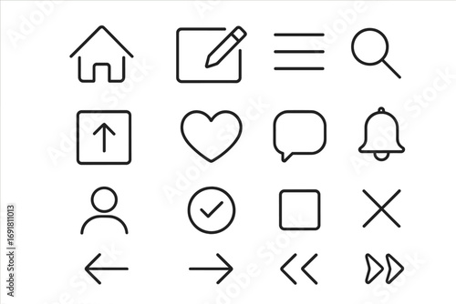 Minimal thin line icon set for web and app design. UI UX interface graphic elements. Vector symbols for navigation. Home, search, like, profile, notification and arrow icons.