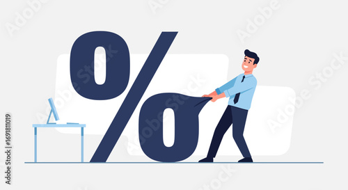 Businessman Pulling a Large Percentage Sign, Illustrating Effort and Financial Concepts