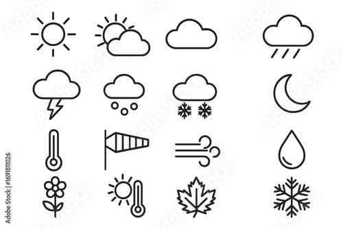 Weather and seasons outline icons set, silhouette linear climate and forecast signs vector with transparent background, cartoon style, meteorology symbols collection