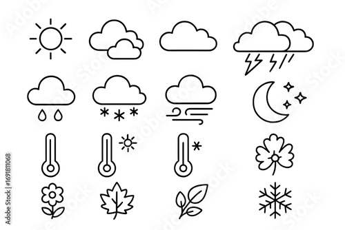 Weather and seasons outline icons set with silhouettes, linear style, climate and forecast symbols, vector cartoon illustration, transparent background, ordered 4