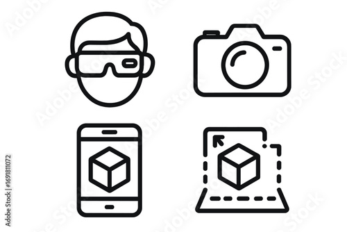 Minimalist technology icon set with AR glasses, camera, augmented reality smartphone, 3D cube, and virtual interface vector cartoon illustration, transparent background