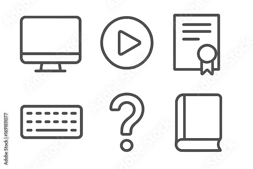E-learning icon set for online education course. Minimalist line icons computer, video play button, certificate, keyboard, FAQ question mark, and book. Webinar, tutorial concept.