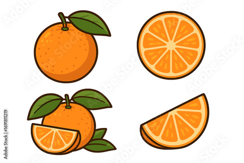 Orange fruit vector illustration set. Fresh juicy citrus collection with whole oranges, slices, and wedges with leaves. Cartoon flat design for food or drink concept.