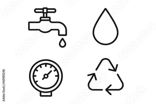 Minimalist water conservation icons set with faucet, water drop, pressure gauge, and recycling symbol, vector cartoon illustration, eco-friendly design, sustainable resource saving concepts