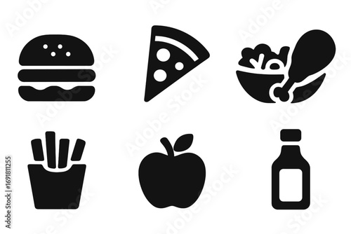 Food icons set in minimalist glyph style. Black silhouette collection of fast food and healthy meal symbols. Burger, pizza, chicken salad, fries, apple, sauce bottle vector.