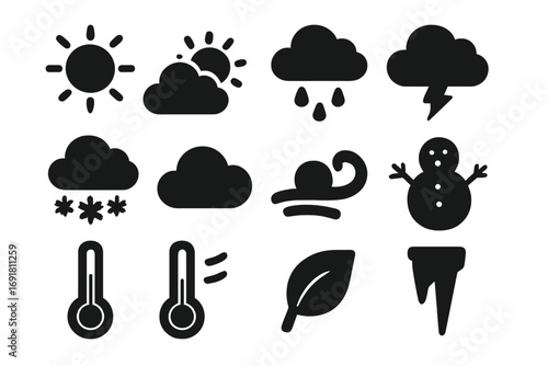 Weather silhouette icon set – solid flat vector symbols, seasonal climate signs, sun, cloud, rain, thunderstorm, snow, fog, wind, snowman, thermometer, leaf, icicle illustration for all seasons