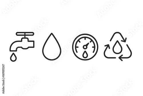 Minimalist water conservation icons set with faucet dripping water, water drop symbol, water meter gauge, and water recycling symbol, sustainable environment concept vector illustration