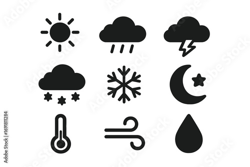 Weather silhouette icons set solid flat seasonal climate symbols vector cartoon illustration transparent background ordered set precipitation temperature sun cloud moon wind snowflake