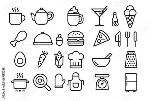 Food cooking and kitchen line icon collection. Set of linear icons for restaurant menu, website, or app design. Vector symbols of coffee, pizza, burger, and cookware.