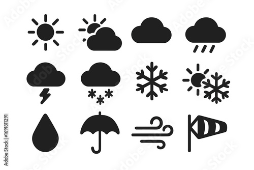 Weather silhouette icons set, solid flat vector symbols of seasonal climate conditions, sun, clouds, rain, snow, wind, umbrella, lightning, drop, wind sock, transparent background, ordered collection
